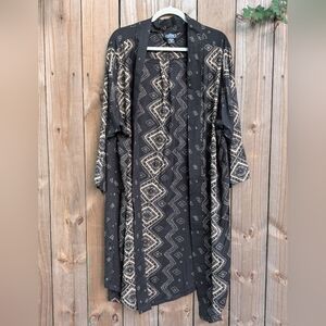 Angie Boho Open Front Black Beige Patterned Long Kimono